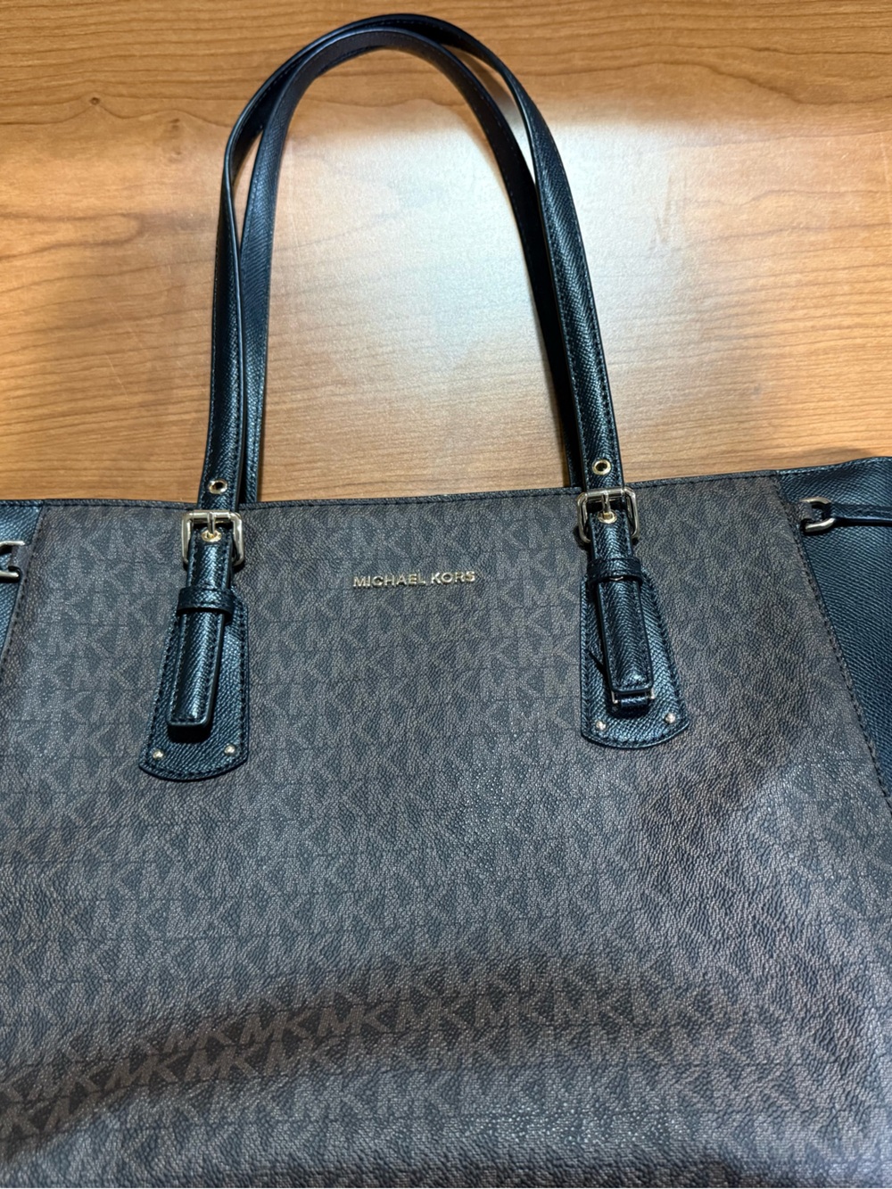 Michael Kors Brown MK Logo Tote with Black Trim and Gold Hardware
